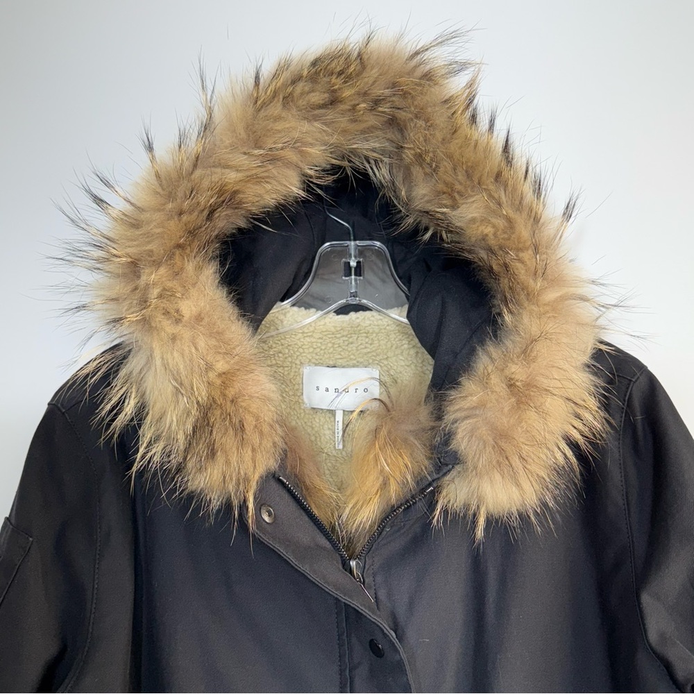 Sandro Fur Trimmed Parka Jacket Black Sherpa Lined Hooded Coat Women’s Size 2 M - Picture 6 of 16